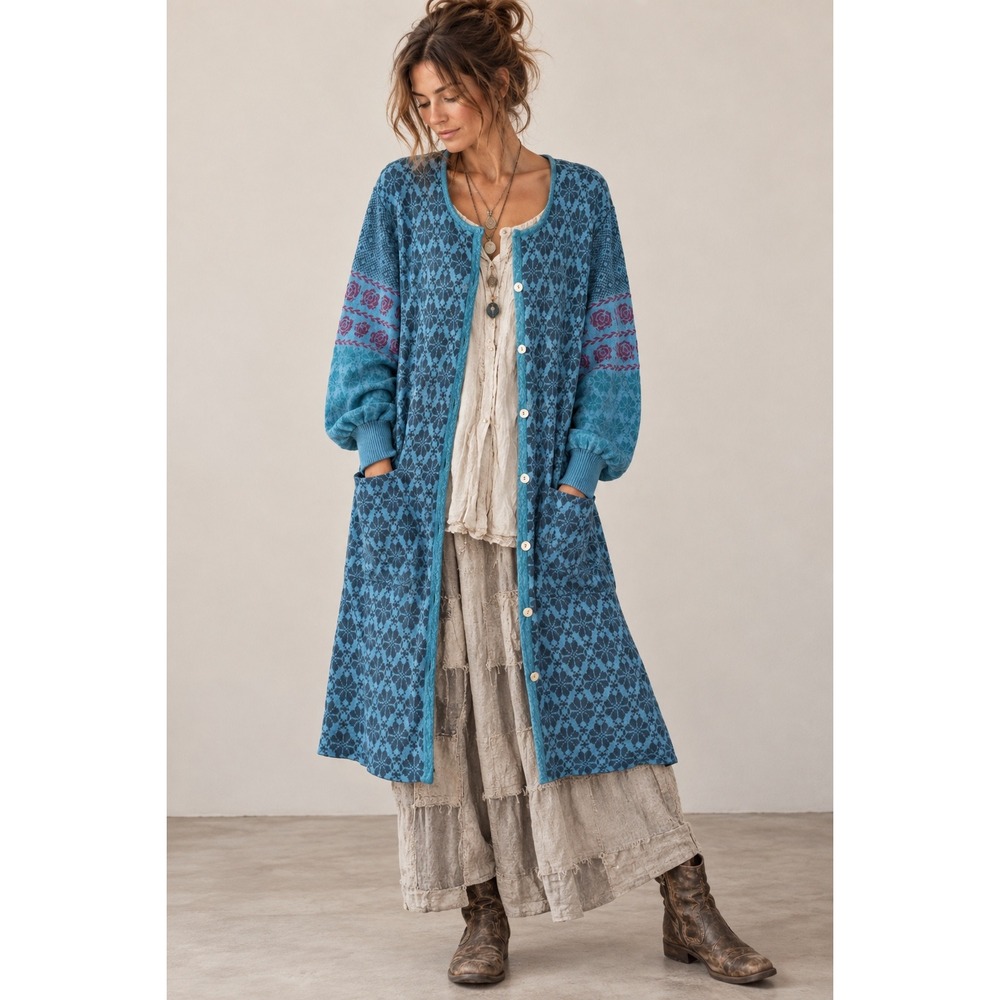 Gudrun Sjöden Blue Organic Cotton Wool Boho Button Front Long Duster Cardigan L